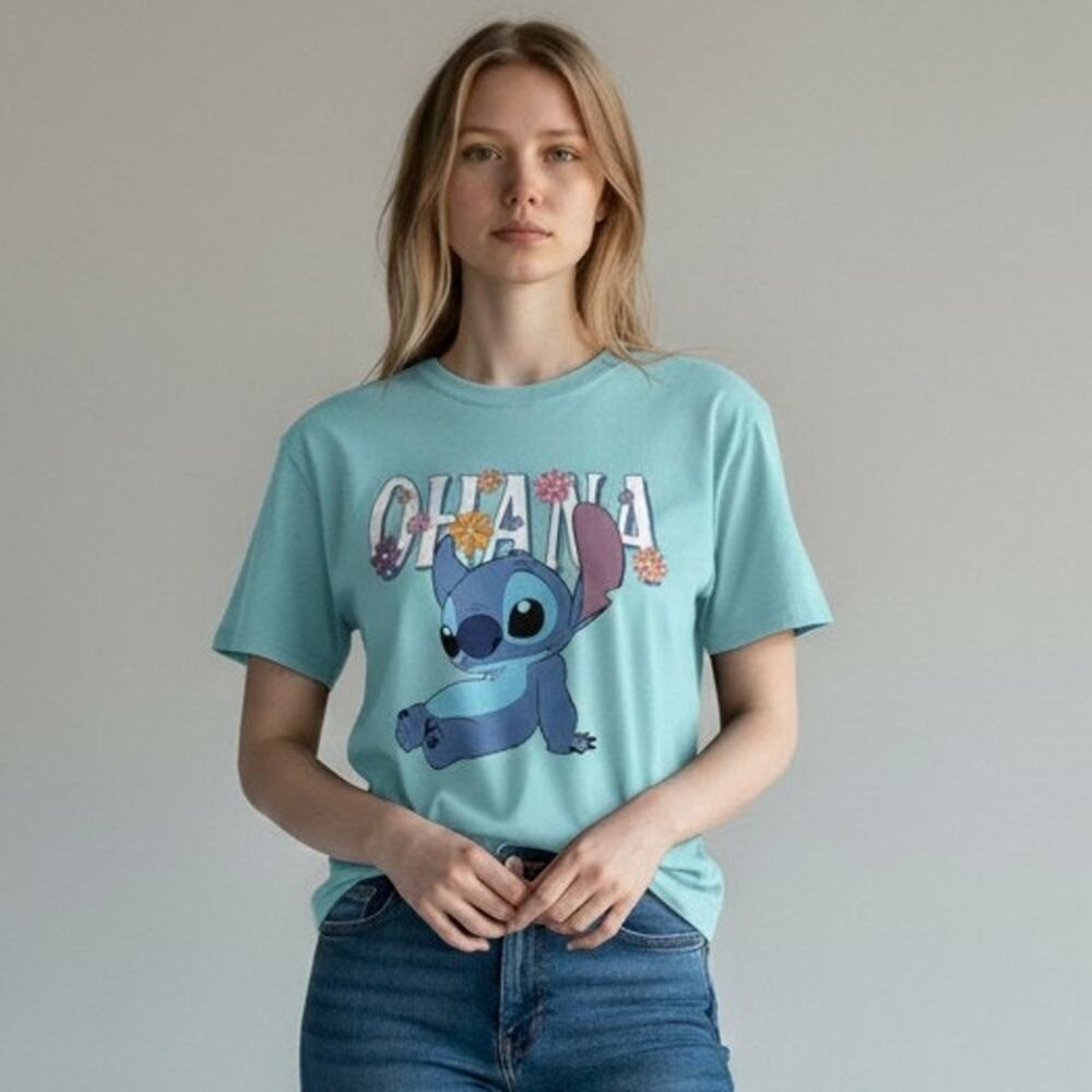 Disney Stitch Juniors L Blue Graphic TShirt Ohana Means Family Lilo & Stitch Tee